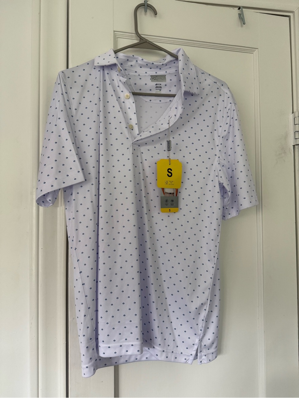 Men's White Short-Sleeve Polo with Navy Micro Dot - Size S